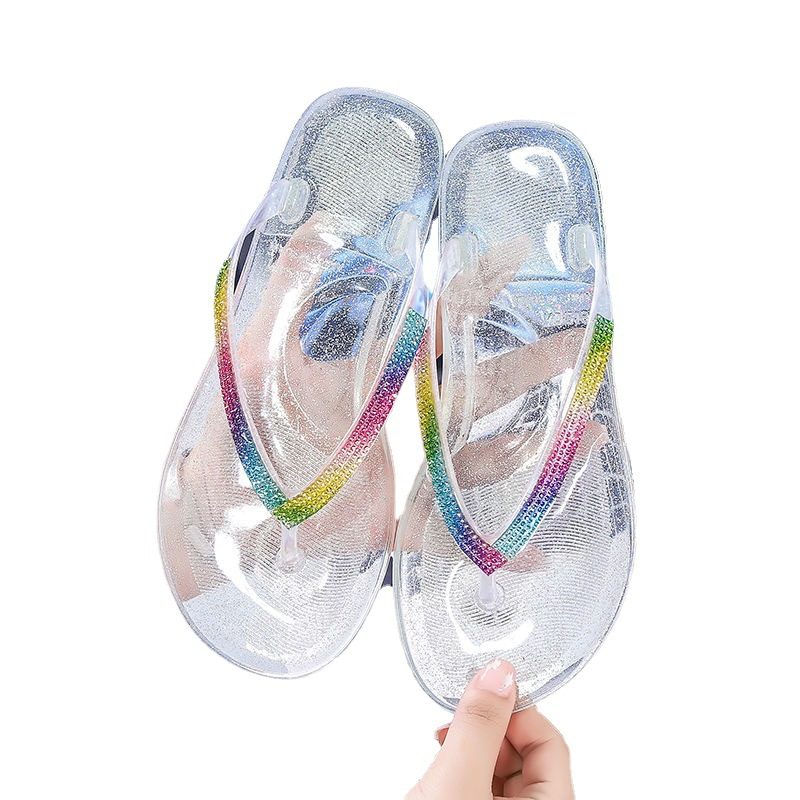 2024 Sommer Flip Flops Kvinners Nye Mote Godteri Farge Flat Krystall Klype Sandaler Tøfler Sko