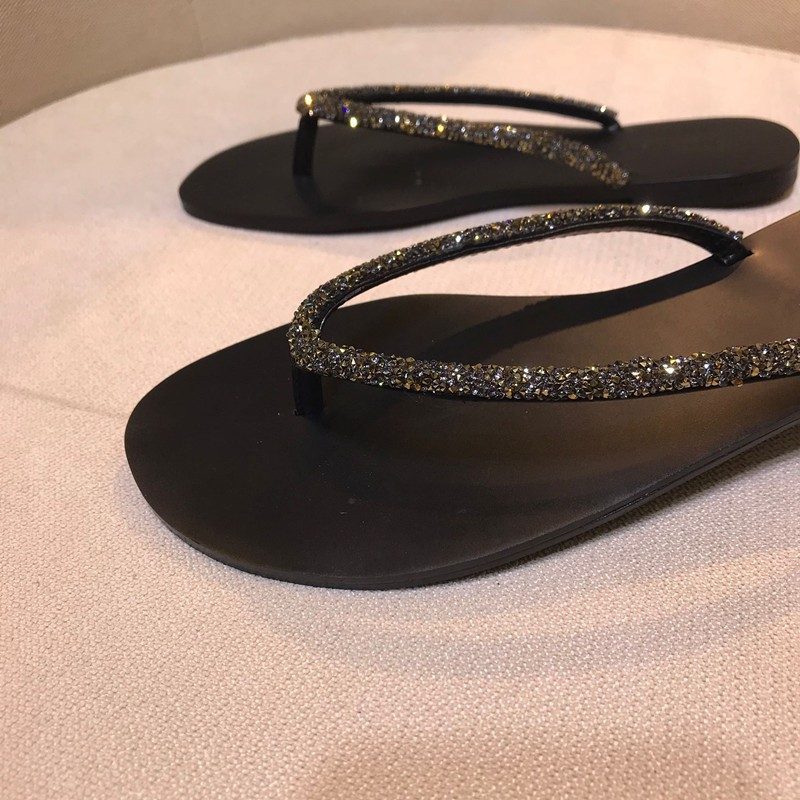 2024 Sommer Ny Mote Rhinestone Flip Flops Flat Thong Sandaler Tøfler Sko Stor Størrelse Kvinner