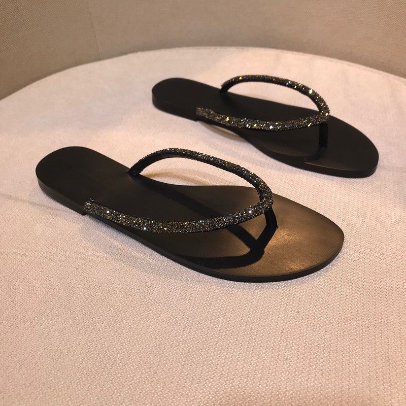 2024 Sommer Ny Mote Rhinestone Flip Flops Flat Thong Sandaler Tøfler Sko Stor Størrelse Kvinner