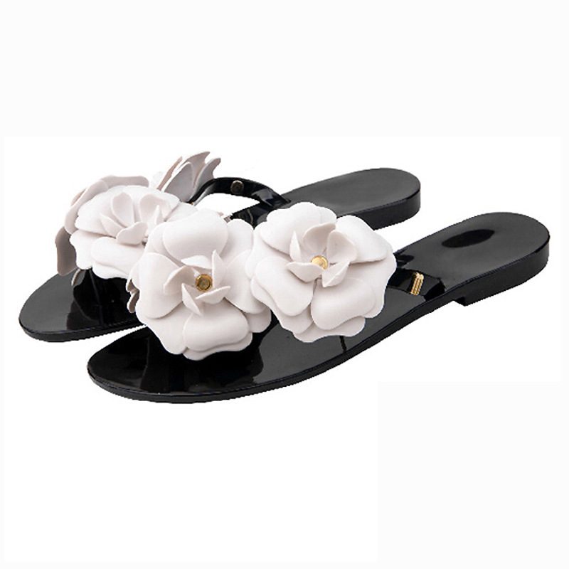 Ny Sommer Camellia Tøfler Flatbunnet Jelly Flip Flops Damer Sklisikre Små Duftende Blomster Strandsandaler