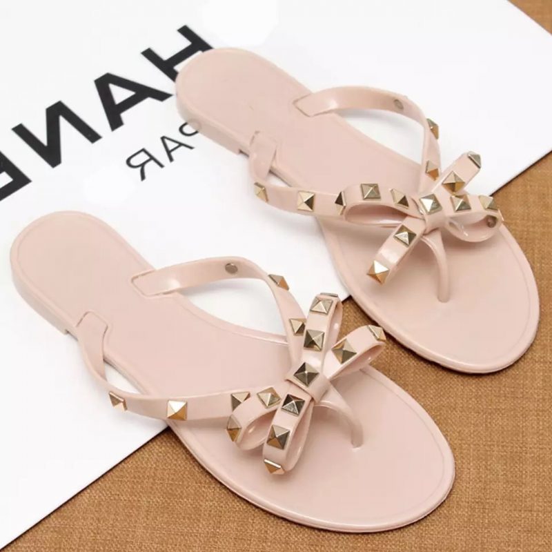 Ny Stil Naglesko Bowknot Flip Flops Sommer Strand Flat Gjennomsiktig Jelly Krystall Tøfler Kvinner