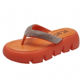 Rhinestone Tykk Bunn Flip Flops Kvinners Sommer 2024 Ny Mote Klype Plattform Sandaler Tøfler Går Ut For Å Øke Høyden