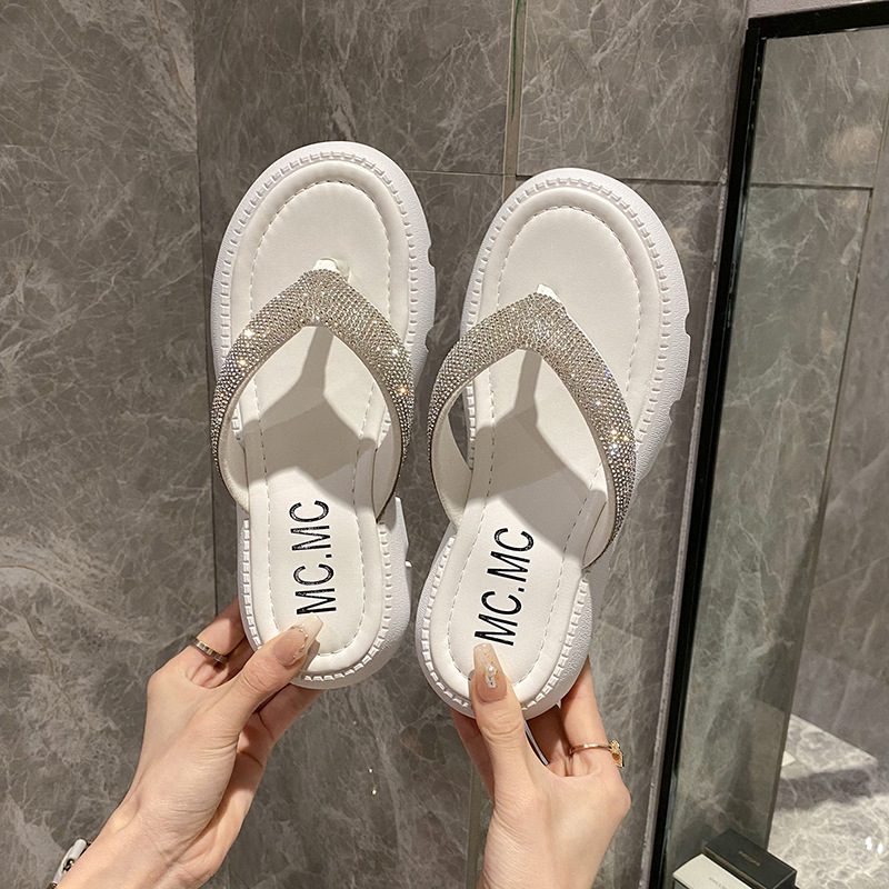 Rhinestone Tykk Bunn Flip Flops Kvinners Sommer 2024 Ny Mote Klype Plattform Sandaler Tøfler Går Ut For Å Øke Høyden