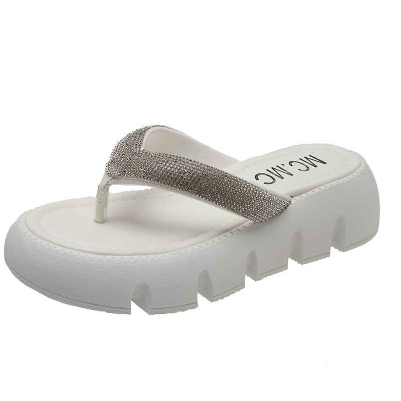 Rhinestone Tykk Bunn Flip Flops Kvinners Sommer 2024 Ny Mote Klype Plattform Sandaler Tøfler Går Ut For Å Øke Høyden