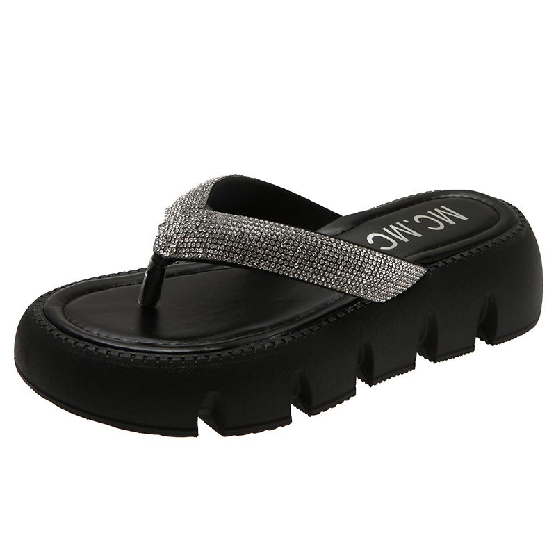 Rhinestone Tykk Bunn Flip Flops Kvinners Sommer 2024 Ny Mote Klype Plattform Sandaler Tøfler Går Ut For Å Øke Høyden