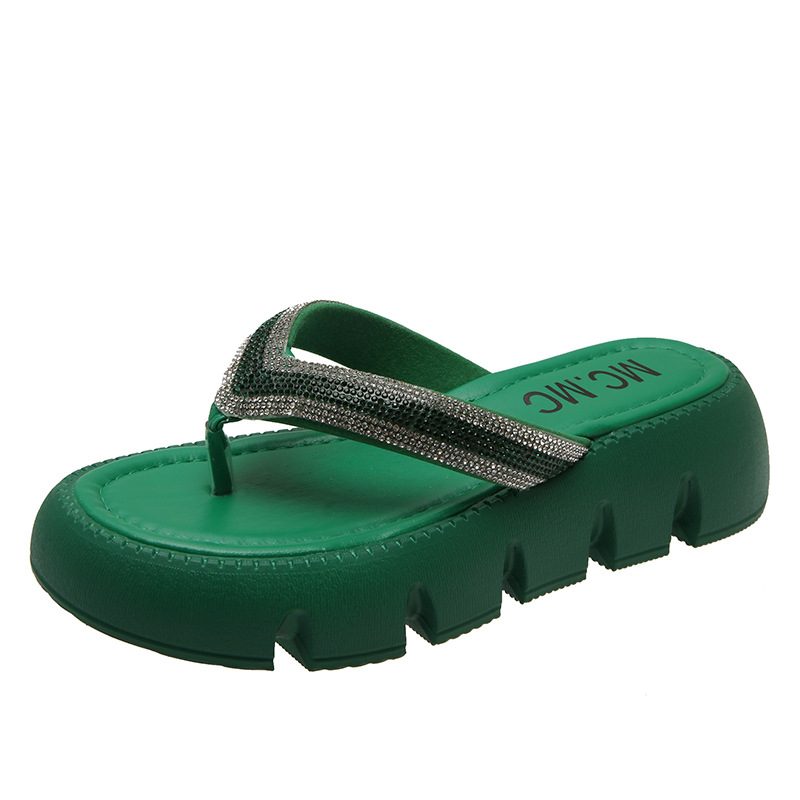 Rhinestone Tykk Bunn Flip Flops Kvinners Sommer 2024 Ny Mote Klype Plattform Sandaler Tøfler Går Ut For Å Øke Høyden