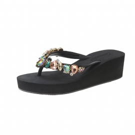 Sommer Ny Farge Glass Fersken Hjerte Rhinestone Tykk Bunn Flip Flops Damemote Strand