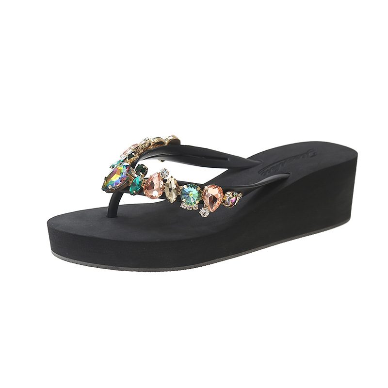 Sommer Ny Farge Glass Fersken Hjerte Rhinestone Tykk Bunn Flip Flops Damemote Strand