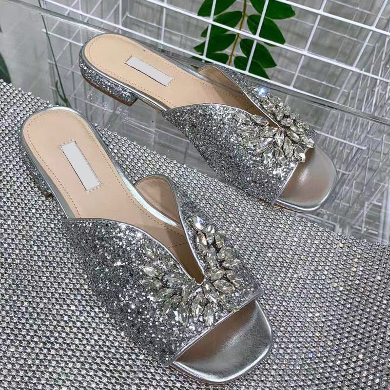 Sommer Nye Flate Tøfler Dame Rhinestone Dekorert Rund Toe Sandaler Sko Mote