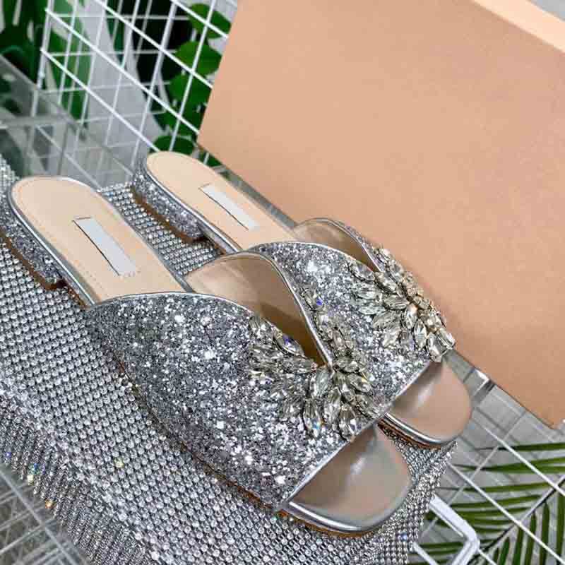 Sommer Nye Flate Tøfler Dame Rhinestone Dekorert Rund Toe Sandaler Sko Mote