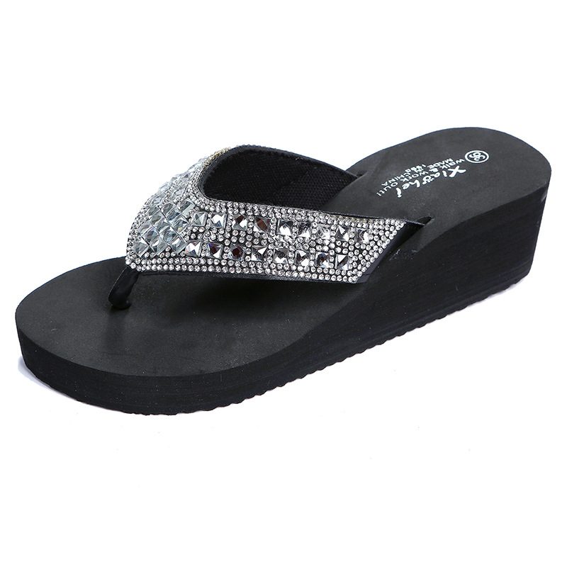 Tøfler Dame Sommer Rhinestone Sandaler Sko Jenter Mote Ferie Strand Sko Kile Plattform Sko Flip Flops