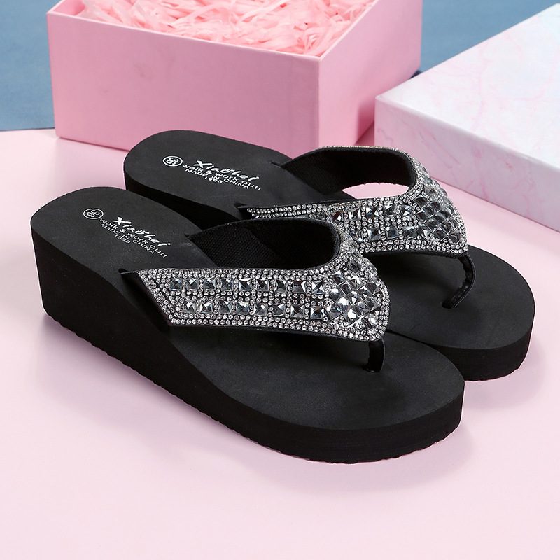 Tøfler Dame Sommer Rhinestone Sandaler Sko Jenter Mote Ferie Strand Sko Kile Plattform Sko Flip Flops