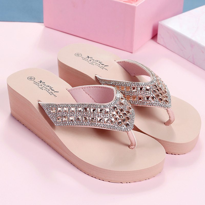 Tøfler Dame Sommer Rhinestone Sandaler Sko Jenter Mote Ferie Strand Sko Kile Plattform Sko Flip Flops