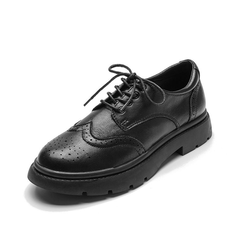 Brune Loafers I Skinn Med Tykk Såler Kvinners Snøring Retro Brogue Sko College Flate Sko 2024 Vår Og Høst Ny Stil