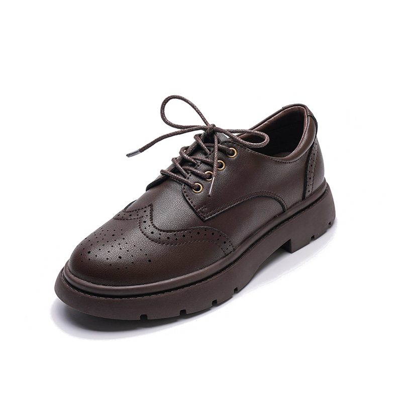 Brune Loafers I Skinn Med Tykk Såler Kvinners Snøring Retro Brogue Sko College Flate Sko 2024 Vår Og Høst Ny Stil