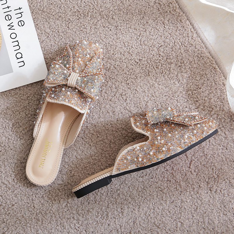 Baotou Tøfler Dame Sommermote Rhinestone Sandaler Sko Flat Bunn Pluss Størrelse Damesko 41-43