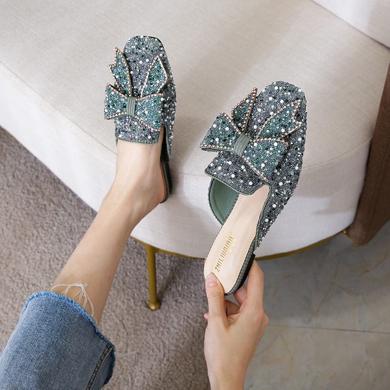 Baotou Tøfler Dame Sommermote Rhinestone Sandaler Sko Flat Bunn Pluss Størrelse Damesko 41-43