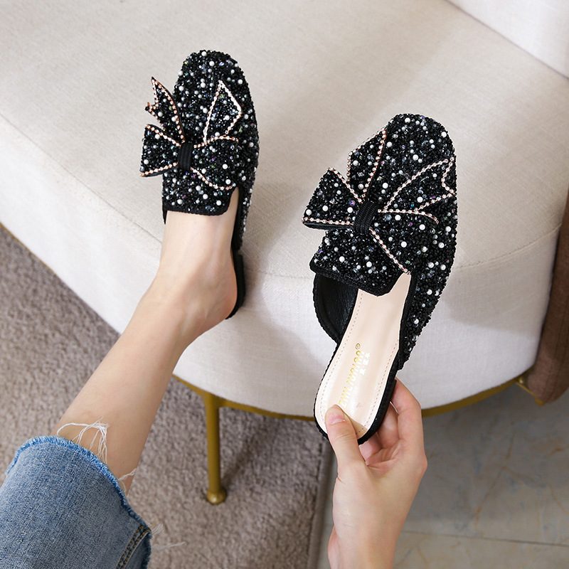 Baotou Tøfler Dame Sommermote Rhinestone Sandaler Sko Flat Bunn Pluss Størrelse Damesko 41-43