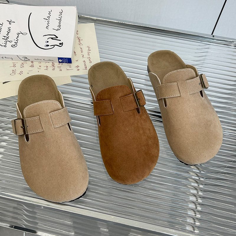 Baotou Tøfler Dame Uformelle Retro Rund Tå Slip-on Beltespenne Flate Muller