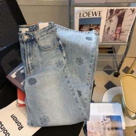 Broderte Blomsterjeans Dame Lyseblå Rett