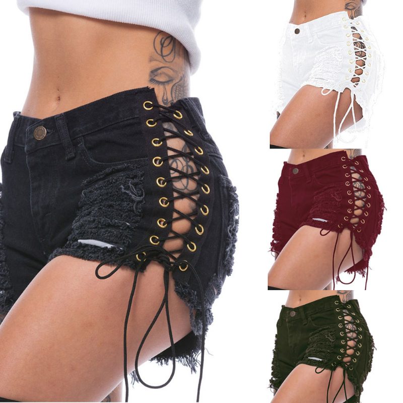 Dame Denim Shorts Ripped Side Stretch Hot Pants