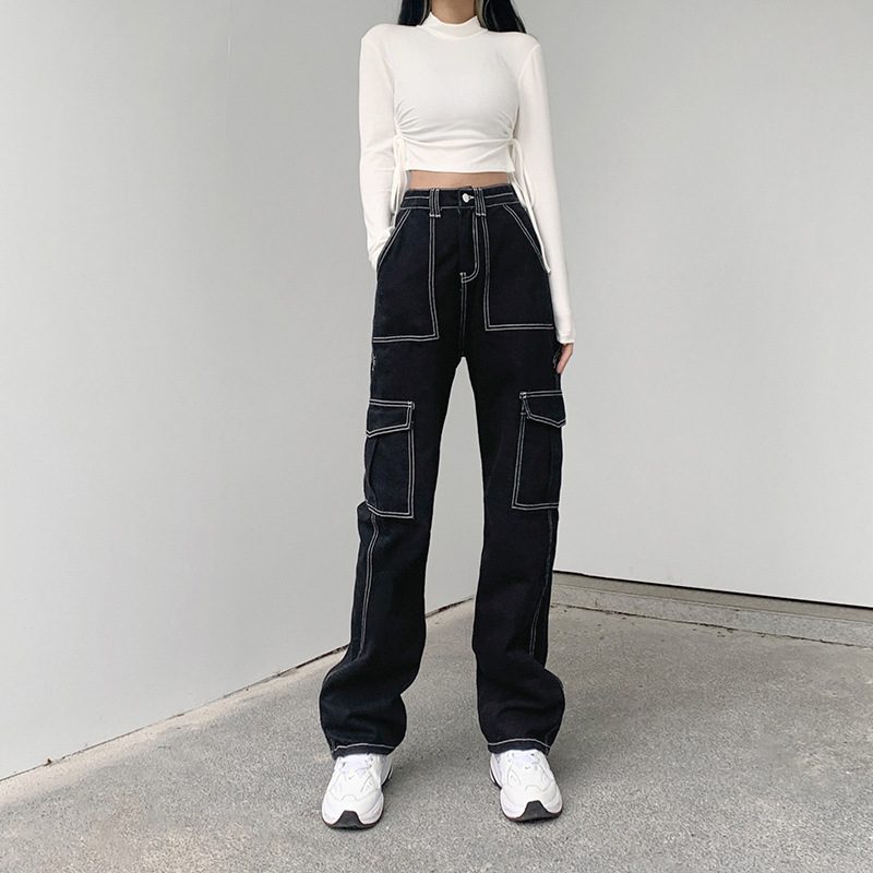 Dame Topstitch Kjekke Jeans Løse Wide Leg Overalls