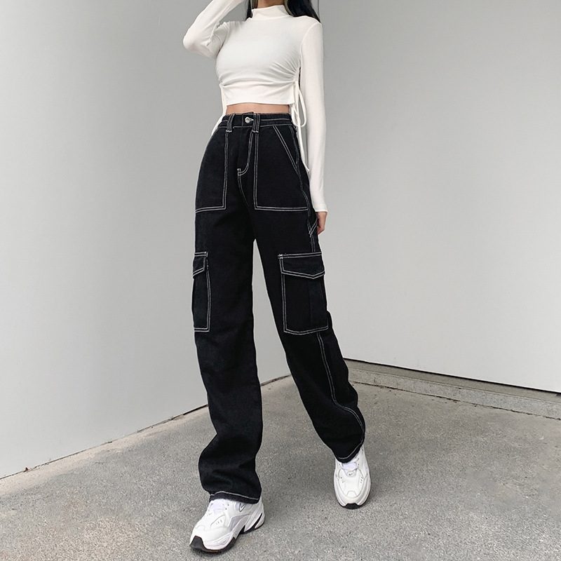 Dame Topstitch Kjekke Jeans Løse Wide Leg Overalls