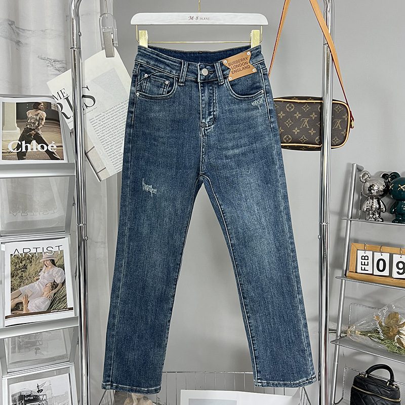 Damejeans Med Høy Midje Trendy Strikk Rett