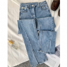 Damejeans Retro Høy Midje Rett Slim Fit Elastisk Slit Flared Bukser