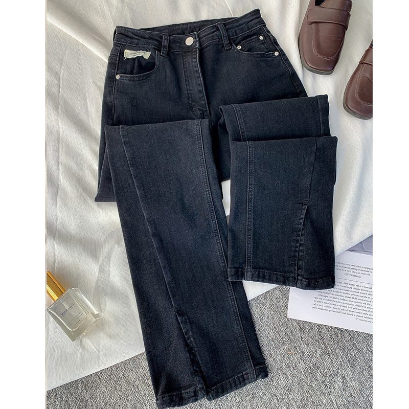 Damejeans Retro Høy Midje Rett Slim Fit Elastisk Slit Flared Bukser