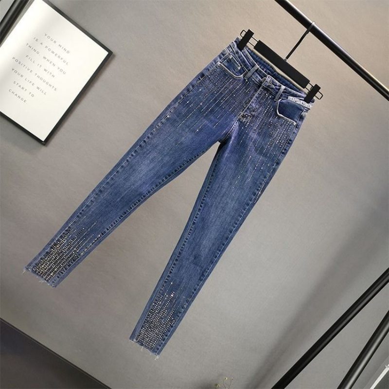 Damejeans Trendy Slank Høy Midje Vertikal Strip Hot Diamond