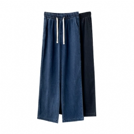 Denim Wide Leg Bukser Dame Høy Midje Snøring Løs Rett