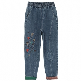 Elastisk Midje Brodert Beskårne Jeans Dame Casual