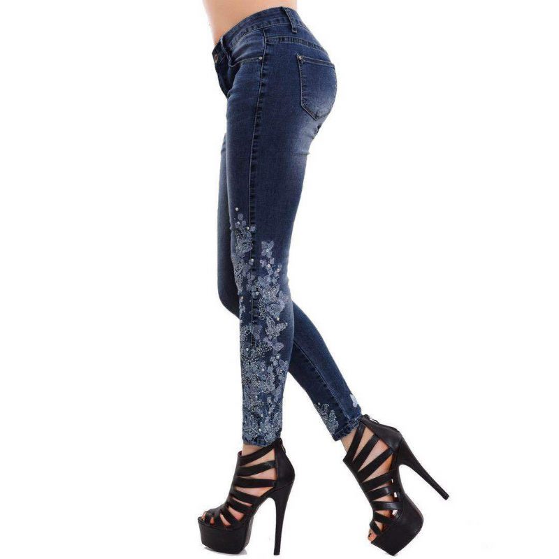 High Stretch Skinny Jeans Dame Brodert Slim Blue