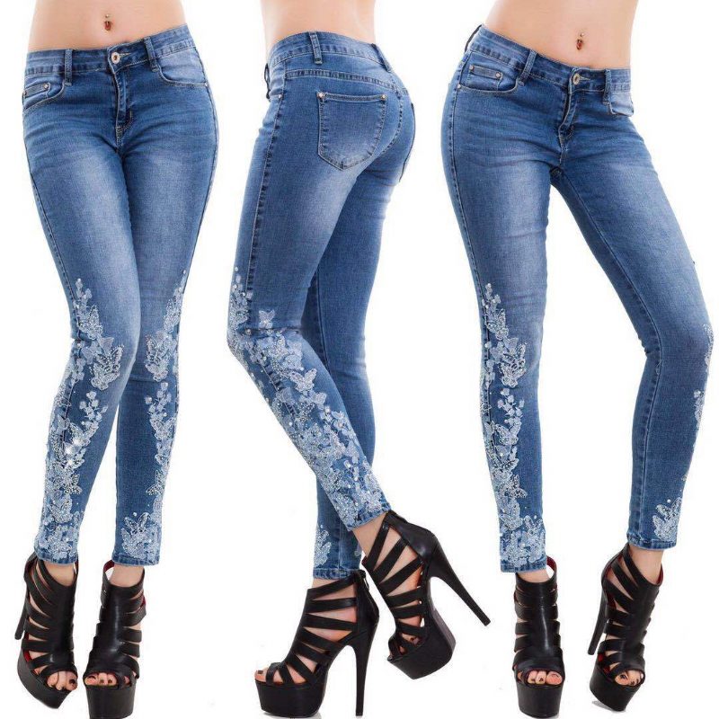 High Stretch Skinny Jeans Dame Brodert Slim Blue