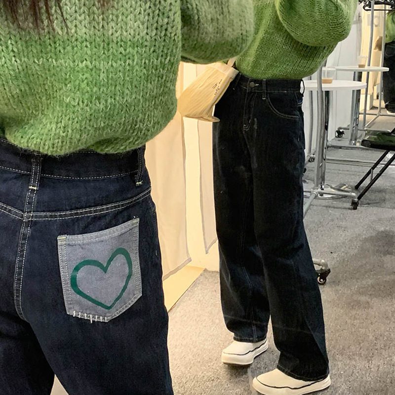 Høy Midje Rett Jeans For Kvinner Hjertelomme Mørkeblå Løs Bred Ben