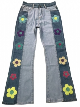 Jeans For Kvinner Colorblock Sidebroderi Blomster Høy Midje Bootcut Bukser