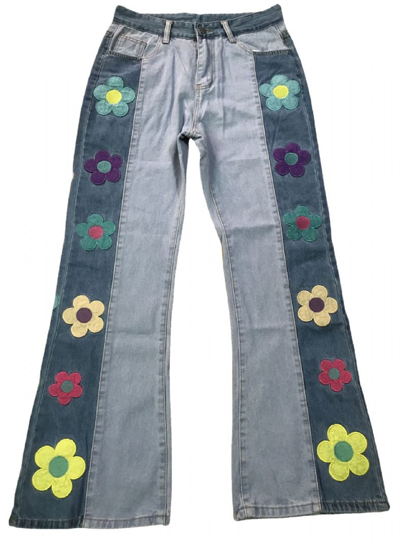 Jeans For Kvinner Colorblock Sidebroderi Blomster Høy Midje Bootcut Bukser