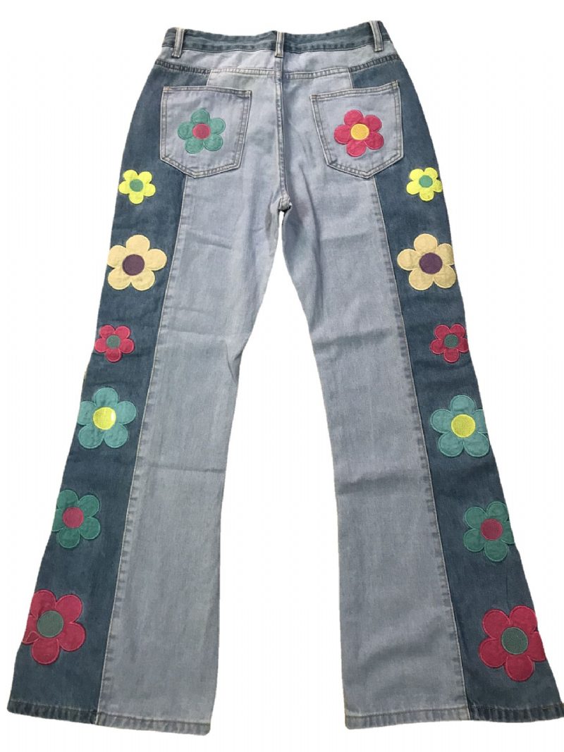 Jeans For Kvinner Colorblock Sidebroderi Blomster Høy Midje Bootcut Bukser