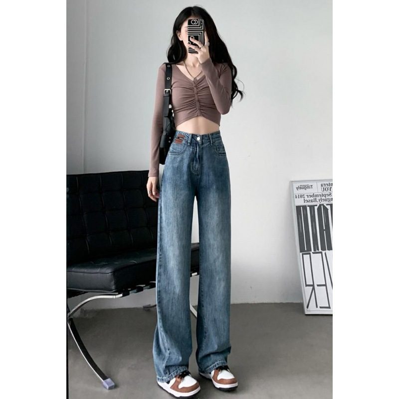 Retro Wide Leg Jeans Dame Løs Rett Trendy