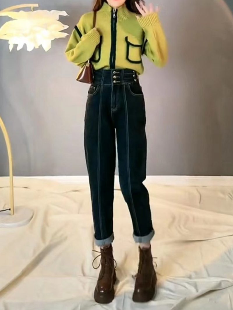 Three Breasted High Waist Jeans Dame Løs