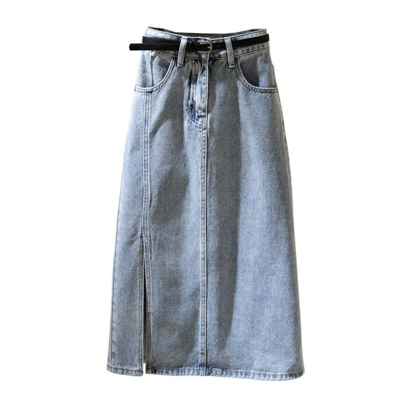 Dame Lyseblå Høy Midje Denim Skjørt Mid Length 2024 Slit Hoftetrekk