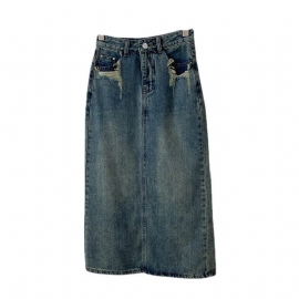 Pocket Back Slit Denim Skjørt Kvinner Høy Midje Mid Length