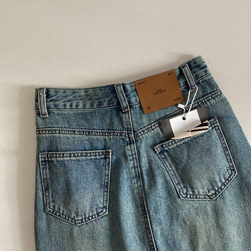 Pocket Back Slit Denim Skjørt Kvinner Høy Midje Mid Length