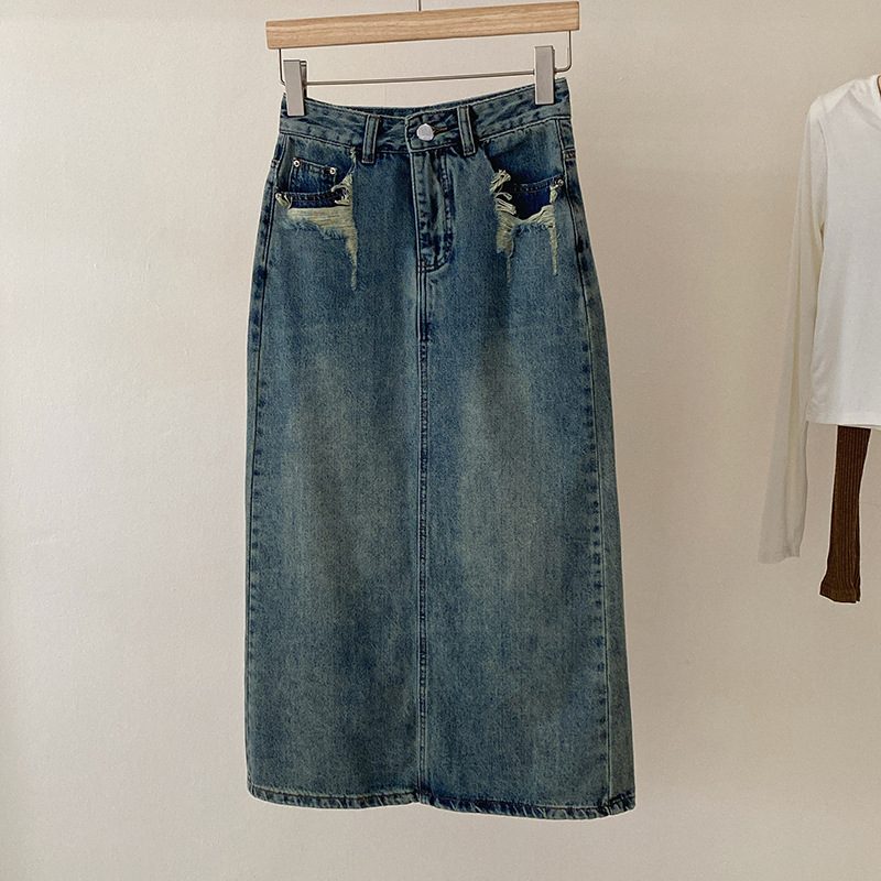 Pocket Back Slit Denim Skjørt Kvinner Høy Midje Mid Length