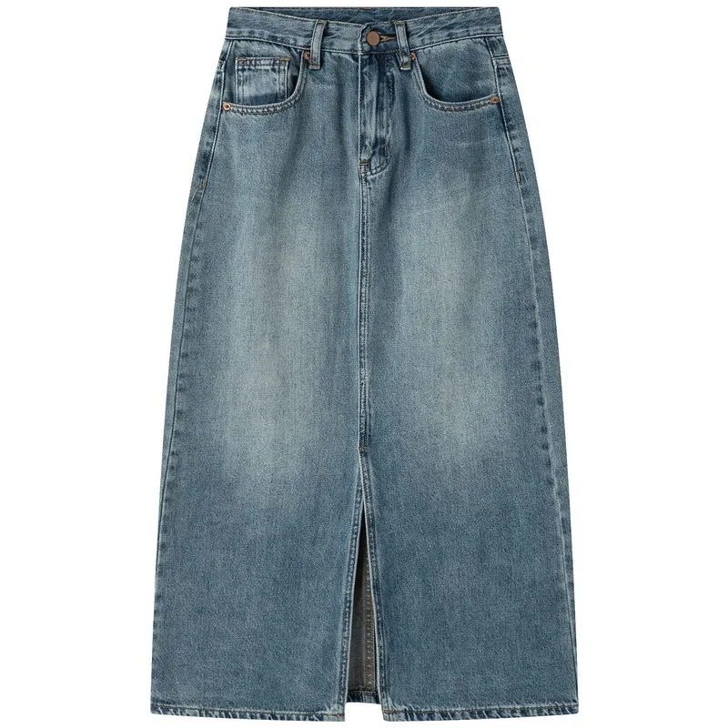 Retro Denimskjørt For Kvinner Mellomlangt Høy Midje Slits Hofteomslag