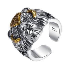 Retro 925 Silver Tiger Head Ring Mannlig Herre Tidevann Live Mouth Justerbar Hip-hop Personlighet Stor Dominerende