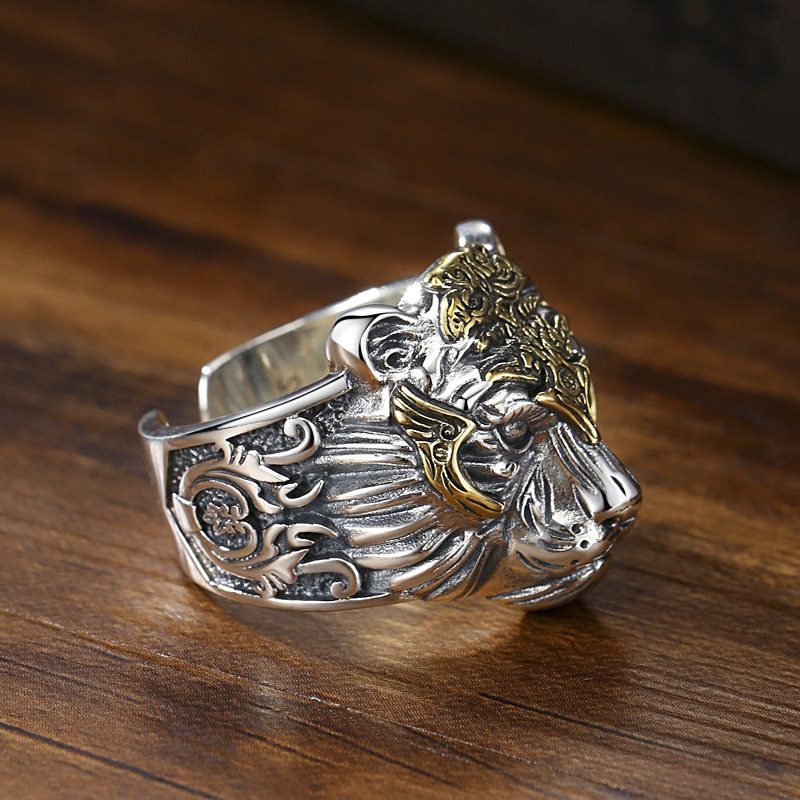 Retro 925 Silver Tiger Head Ring Mannlig Herre Tidevann Live Mouth Justerbar Hip-hop Personlighet Stor Dominerende