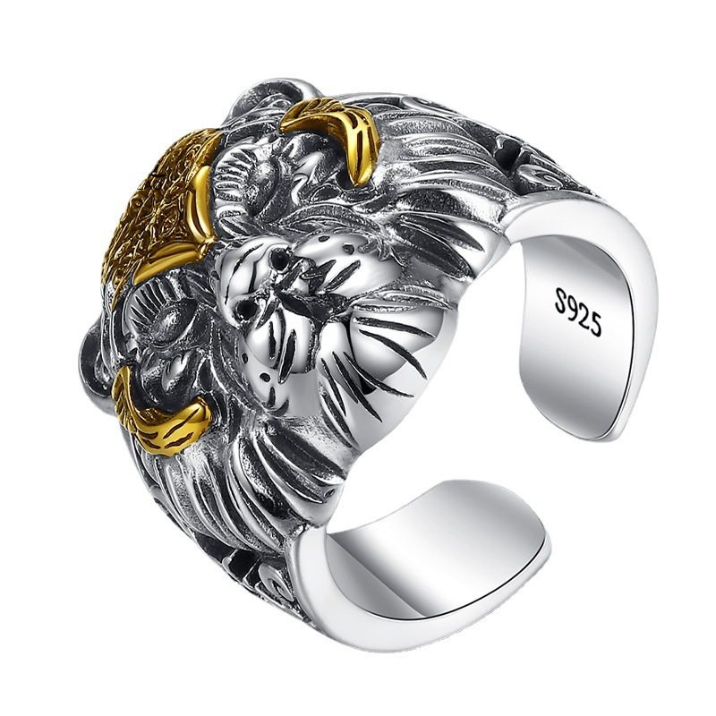 Retro 925 Silver Tiger Head Ring Mannlig Herre Tidevann Live Mouth Justerbar Hip-hop Personlighet Stor Dominerende