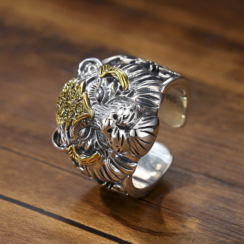 Retro 925 Silver Tiger Head Ring Mannlig Herre Tidevann Live Mouth Justerbar Hip-hop Personlighet Stor Dominerende